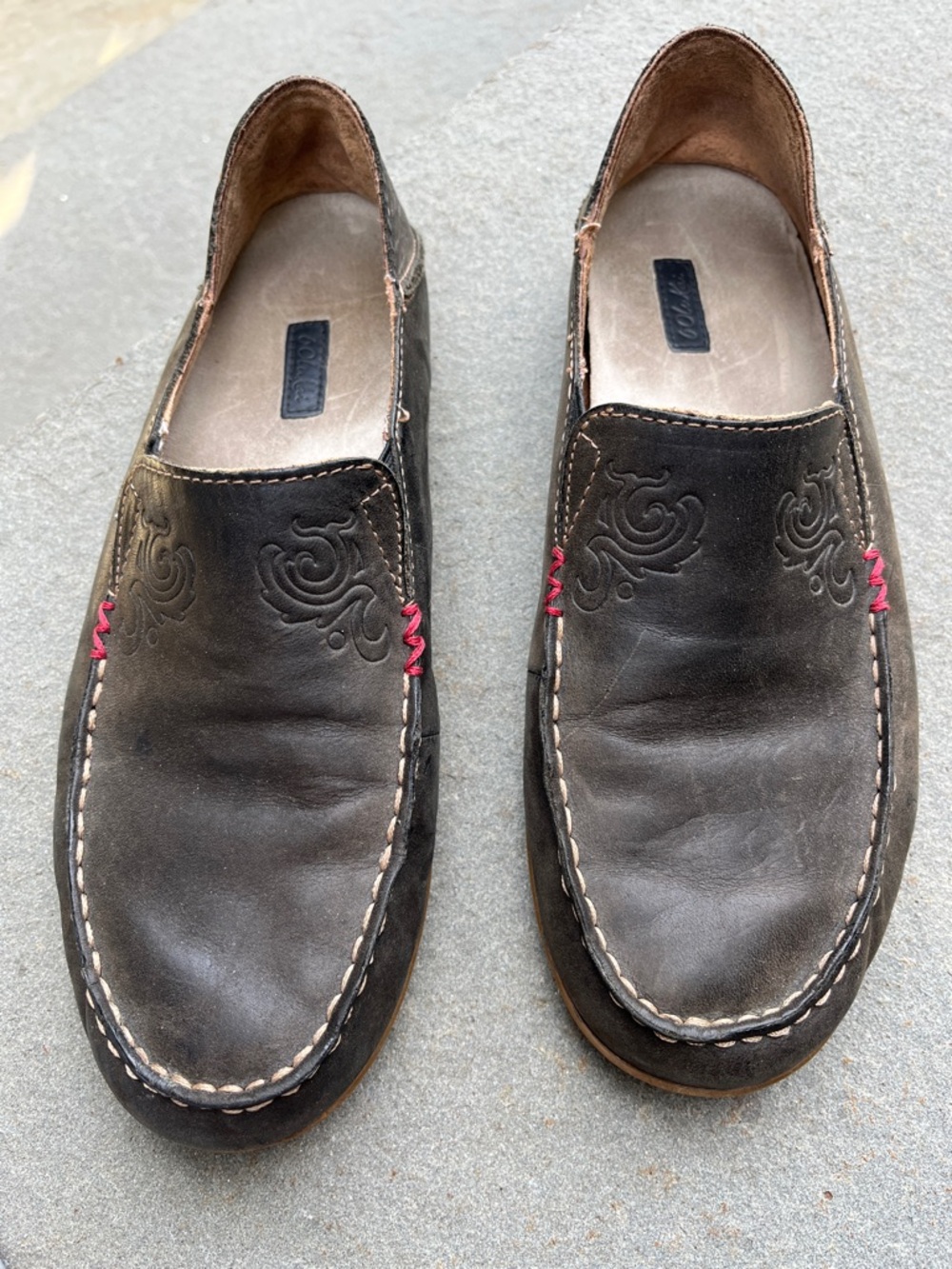 OluKai Women’s Black Leather Slip-On Loafer with Red Stitch Accents